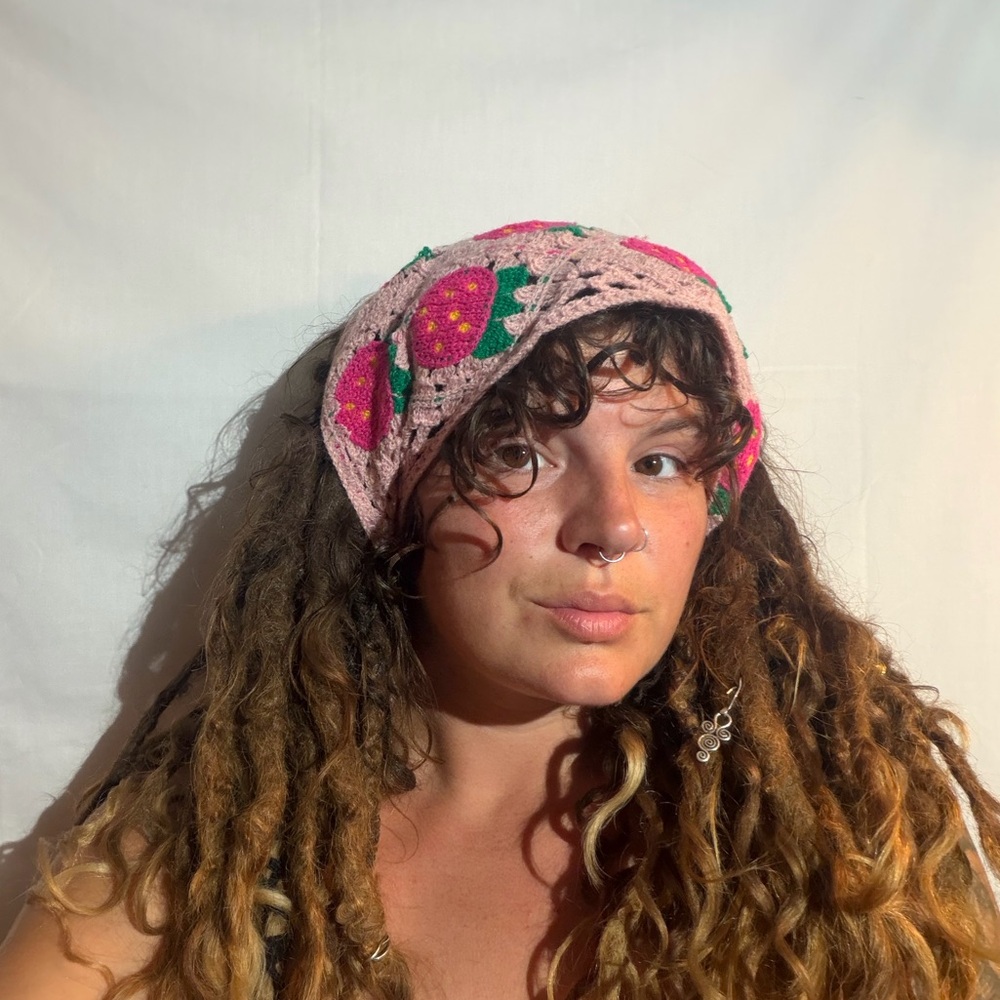 Boho Pink Crochet Strawberry Headscarf - Women Accessories